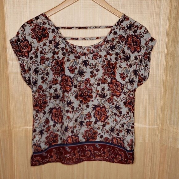 Pink Rose Womens Robins Egg Blue Floral Silky Boxy Blouse Small - Picture 1 of 7